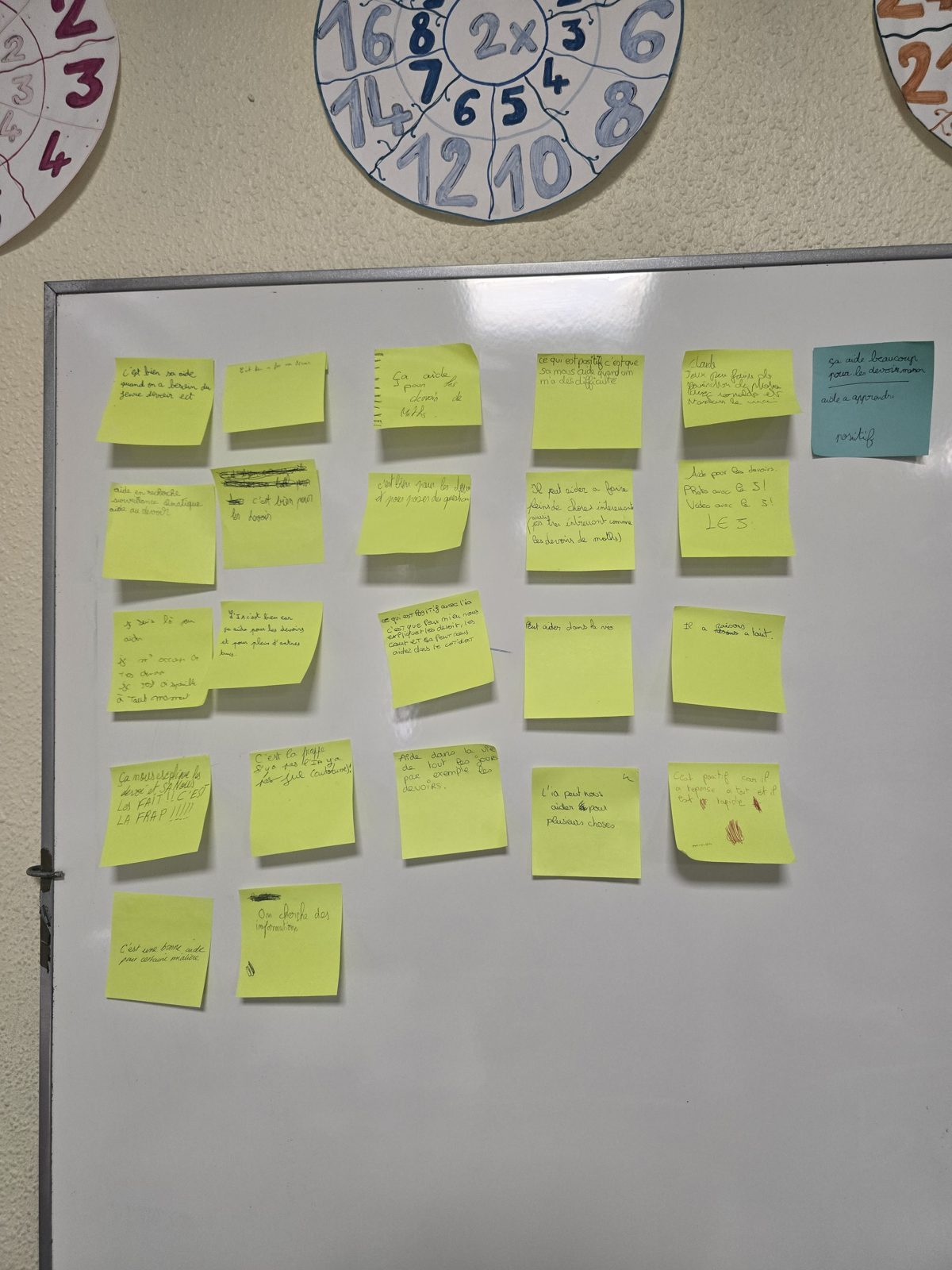 Post-it des collégiens lors des CaféIA au collège Pascal Paoli de Corte, juin 2026