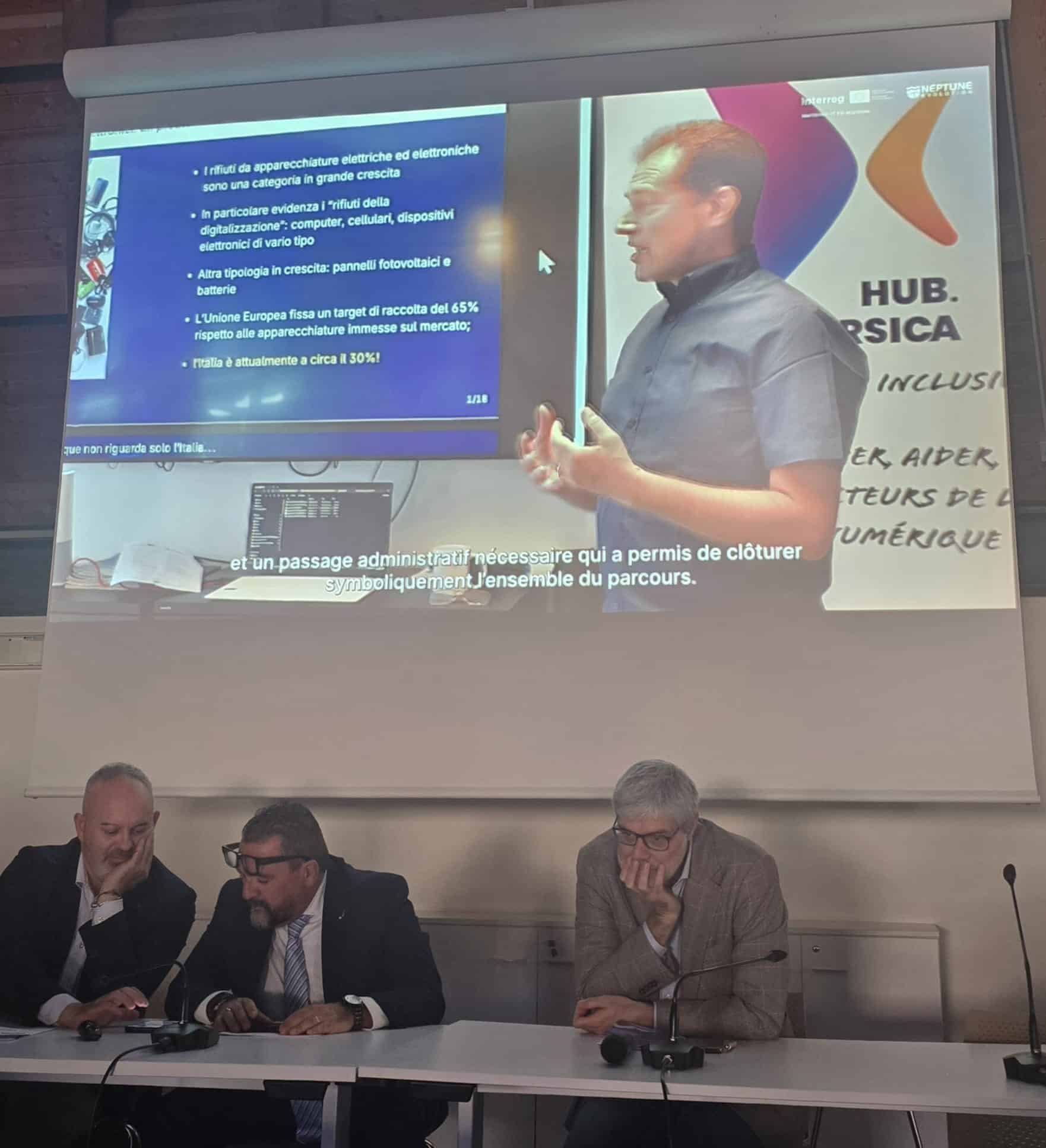 Diapositive Hub Corsica projetée pendant la présentation du documentaire, Gênes, 28 octobre 2026