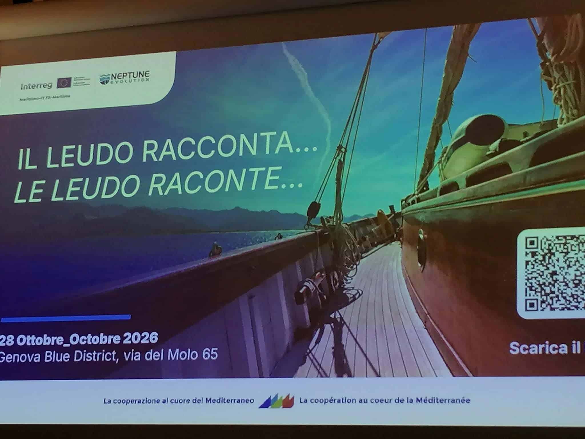 Écran titre « Il Leudo racconta... / Le Leudo raconte... », Genova Blue District, 28 octobre 2026