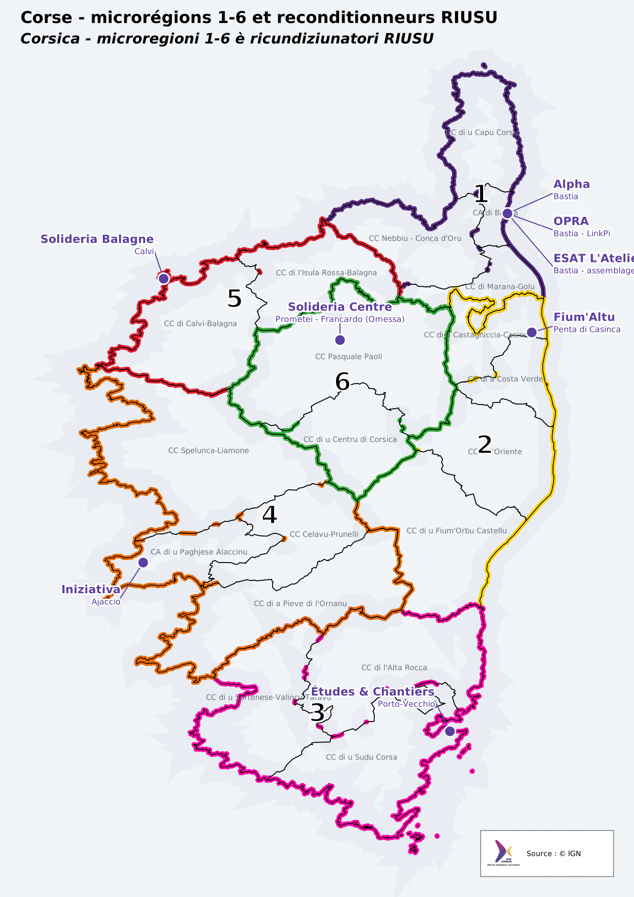 Carte des 6 microrégions de Corse et des reconditionneurs du réseau RIUSU / Carta di e 6 microregioni di Corsica è di i ricundiziunatori di a rete RIUSU
