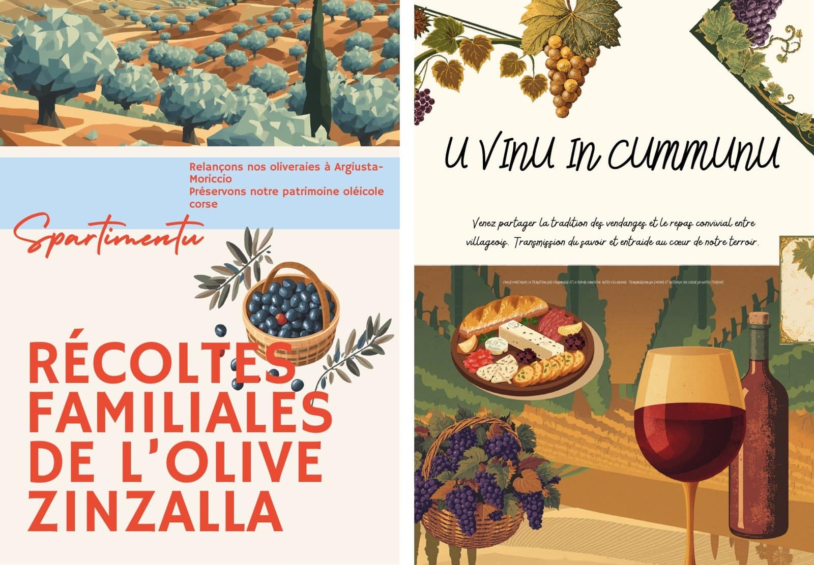 Deux affiches créées par les équipes Oliviers et Vigne à Arghjusta-Muricciu