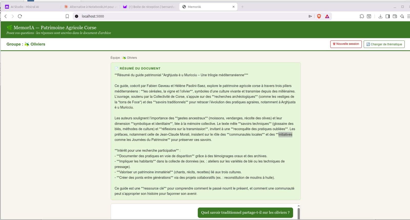 Écran de MemorIA : résumé automatique du document et question d'une équipe