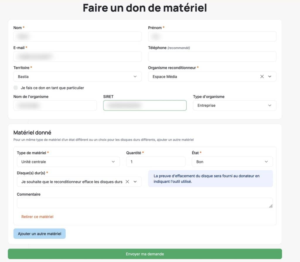 Écran de l'application RIUSU+ en développement : formulaire de don de matériel, données de test floutées
