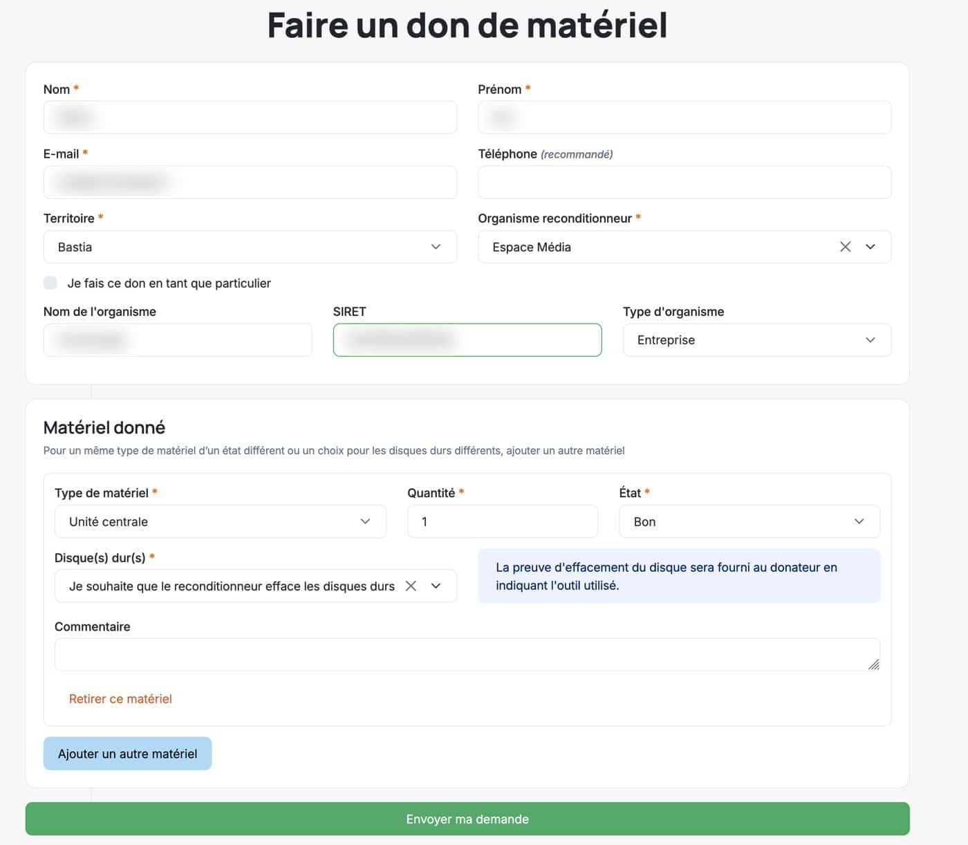 Écran de l'application RIUSU+ en développement : formulaire de don de matériel, données de test floutées